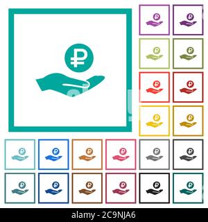 Ruble earnings flat color icons with quadrant frames on white background Stock Vector