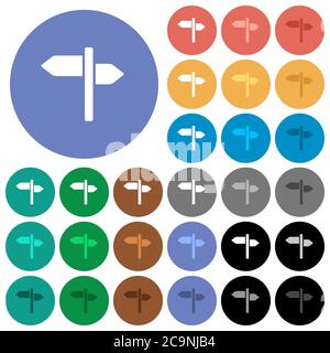 Signpost multi colored flat icons on round backgrounds. Included white, light and dark icon variations for hover and active status effects, and bonus Stock Vector