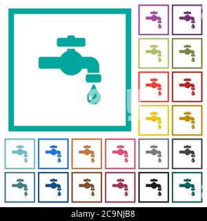 Water faucet with water drop flat color icons with quadrant frames on white background Stock Vector