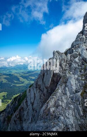 rope way from the Schwaegalp to the top of the Saentis in Switzerland Stock Photo