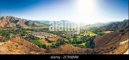 Panoramic aerial view of Vicuña surrounded by mountains, Chile Stock Photo