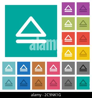 Media eject multi colored flat icons on plain square backgrounds. Included white and darker icon variations for hover or active effects. Stock Vector