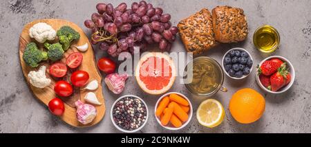 Foods that could lower risk of cancer, top view. Stock Photo