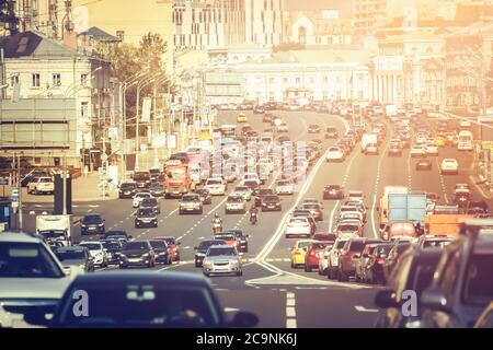 A lot of cars on the Garden Ring. This is a circular road around the center of Moscow. Stock Photo