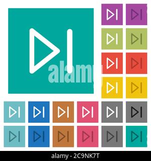 Media next multi colored flat icons on plain square backgrounds. Included white and darker icon variations for hover or active effects. Stock Vector