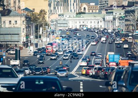 A lot of cars on the Garden Ring. This is a circular road around the center of Moscow. Stock Photo