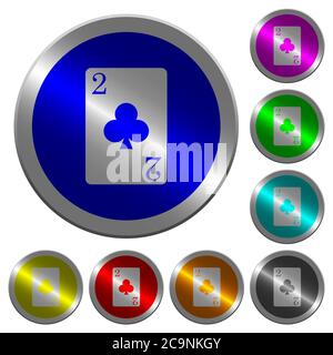 Two of clubs card icons on round luminous coin-like color steel buttons Stock Vector