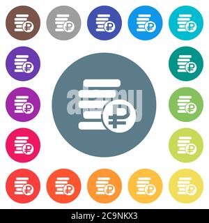 Ruble coins flat white icons on round color backgrounds. 17 background color variations are included. Stock Vector