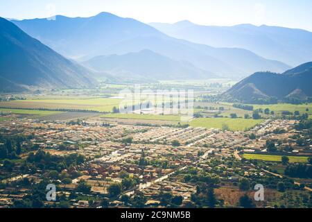 Aerial view of Vicuña surrounded by mountains, Chile Stock Photo