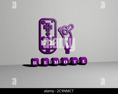 3D graphical image of remote vertically along with text built by metallic cubic letters from the top perspective, excellent for the concept presentation and slideshows. control and illustration Stock Photo