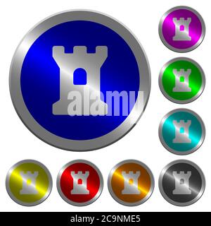 Bastion icons on round luminous coin-like color steel buttons Stock Vector