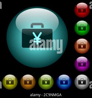 Yen bag icons in color illuminated spherical glass buttons on black background. Can be used to black or dark templates Stock Vector