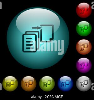 Move file icons in color illuminated spherical glass buttons on black background. Can be used to black or dark templates Stock Vector