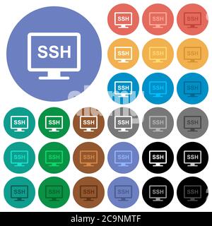 SSH terminal multi colored flat icons on round backgrounds. Included white, light and dark icon variations for hover and active status effects, and bo Stock Vector
