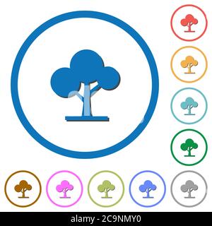 Leafy tree flat color vector icons with shadows in round outlines on white background Stock Vector