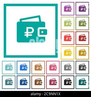 Ruble wallet flat color icons with quadrant frames on white background Stock Vector