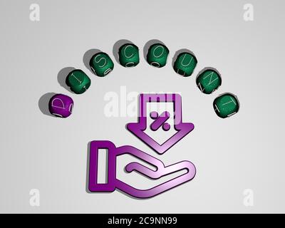 3D representation of DISCOUNT with icon on the wall and text arranged by metallic cubic letters on a mirror floor for concept meaning and slideshow presentation. illustration and sale Stock Photo