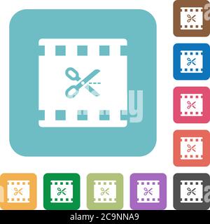Cut movie white flat icons on color rounded square backgrounds Stock Vector