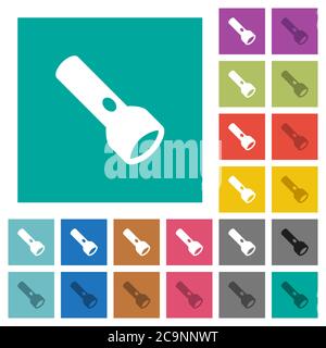 Flashlight multi colored flat icons on plain square backgrounds. Included white and darker icon variations for hover or active effects. Stock Vector