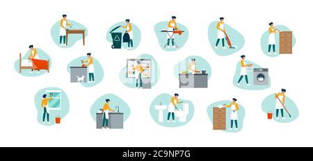 Woman doing household chores at home: she is cleaning up the house, washing clothes and tidying up, lifestyle concept, icons set Stock Vector