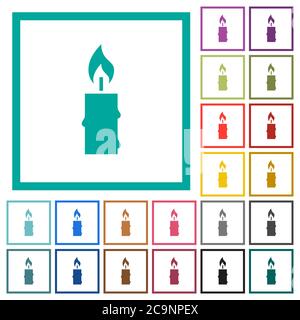Burning candle with melting wax flat color icons with quadrant frames on white background Stock Vector