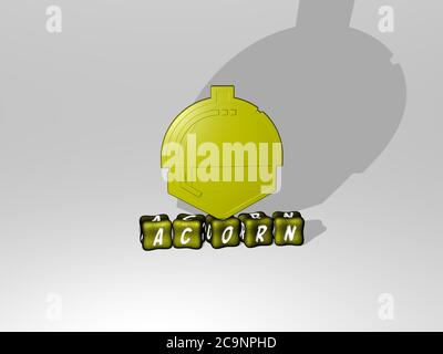 3D illustration of acorn graphics and text made by metallic dice letters for the related meanings of the concept and presentations. autumn and background Stock Photo