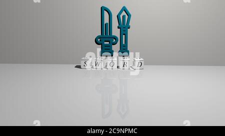 3D illustration of sword graphics and text made by metallic dice letters for the related meanings of the concept and presentations. background and ancient Stock Photo