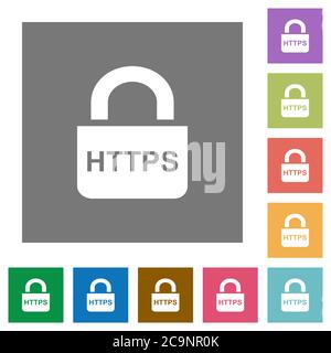 Secure https protocol flat icons on simple color square backgrounds Stock Vector