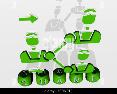 3D representation of share with icon on the wall and text arranged by metallic cubic letters on a mirror floor for concept meaning and slideshow presentation. illustration and business Stock Photo