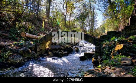 Stone bridge over the river rapid in autumn Stock Photo