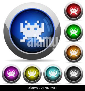 Video game icons in round glossy buttons with steel frames Stock Vector