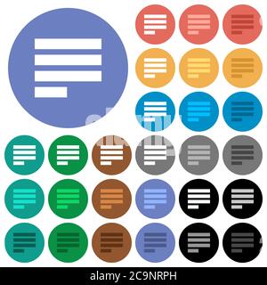 Text align justify last row left multi colored flat icons on round backgrounds. Included white, light and dark icon variations for hover and active st Stock Vector