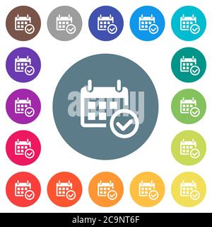Calendar check flat white icons on round color backgrounds. 17 background color variations are included. Stock Vector