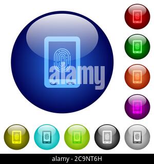 Mobile fingerprint identification icons on round color glass buttons Stock Vector