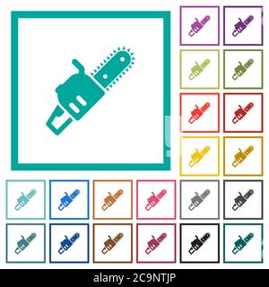 Chainsaw flat color icons with quadrant frames on white background Stock Vector