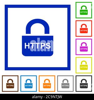 Secure https protocol flat color icons in square frames on white background Stock Vector