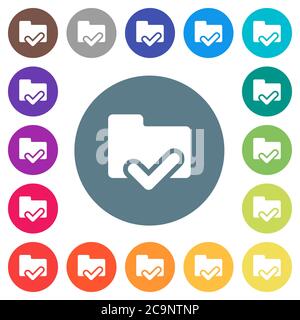 Folder ok flat white icons on round color backgrounds. 17 background color variations are included. Stock Vector