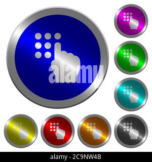 Typing security code icons on round luminous coin-like color steel buttons Stock Vector