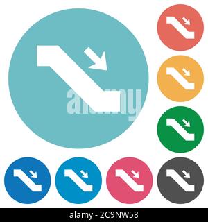 Escalator down sign flat white icons on round color backgrounds Stock Vector