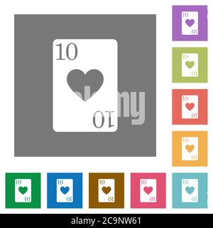 Ten of hearts card flat icons on simple color square backgrounds Stock Vector