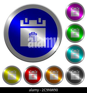 Delete schedule item icons on round luminous coin-like color steel buttons Stock Vector