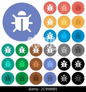 Computer bug multi colored flat icons on round backgrounds. Included white, light and dark icon variations for hover and active status effects, and bo Stock Vector