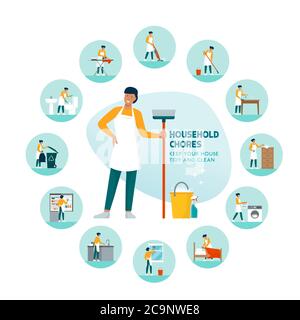 Happy woman standing with cleaning equipment and household chores icons, housekeeping and lifestyle concept Stock Vector