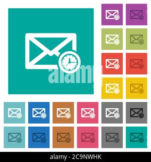 Queued mail multi colored flat icons on plain square backgrounds. Included white and darker icon variations for hover or active effects. Stock Vector