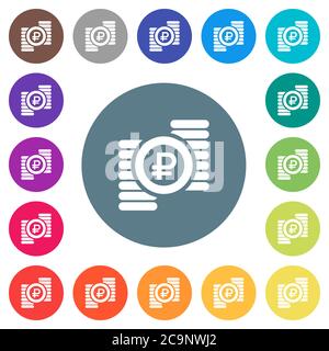 Ruble coins flat white icons on round color backgrounds. 17 background color variations are included. Stock Vector