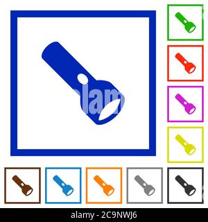 Flashlight flat color icons in square frames on white background Stock Vector