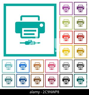Network printer flat color icons with quadrant frames on white background Stock Vector