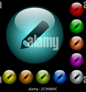 Pencil icons in color illuminated spherical glass buttons on black background. Can be used to black or dark templates Stock Vector