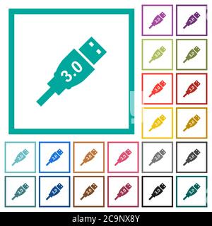 High speed USB flat color icons with quadrant frames on white background Stock Vector