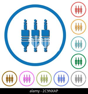 Analog jack connectors flat color vector icons with shadows in round outlines on white background Stock Vector